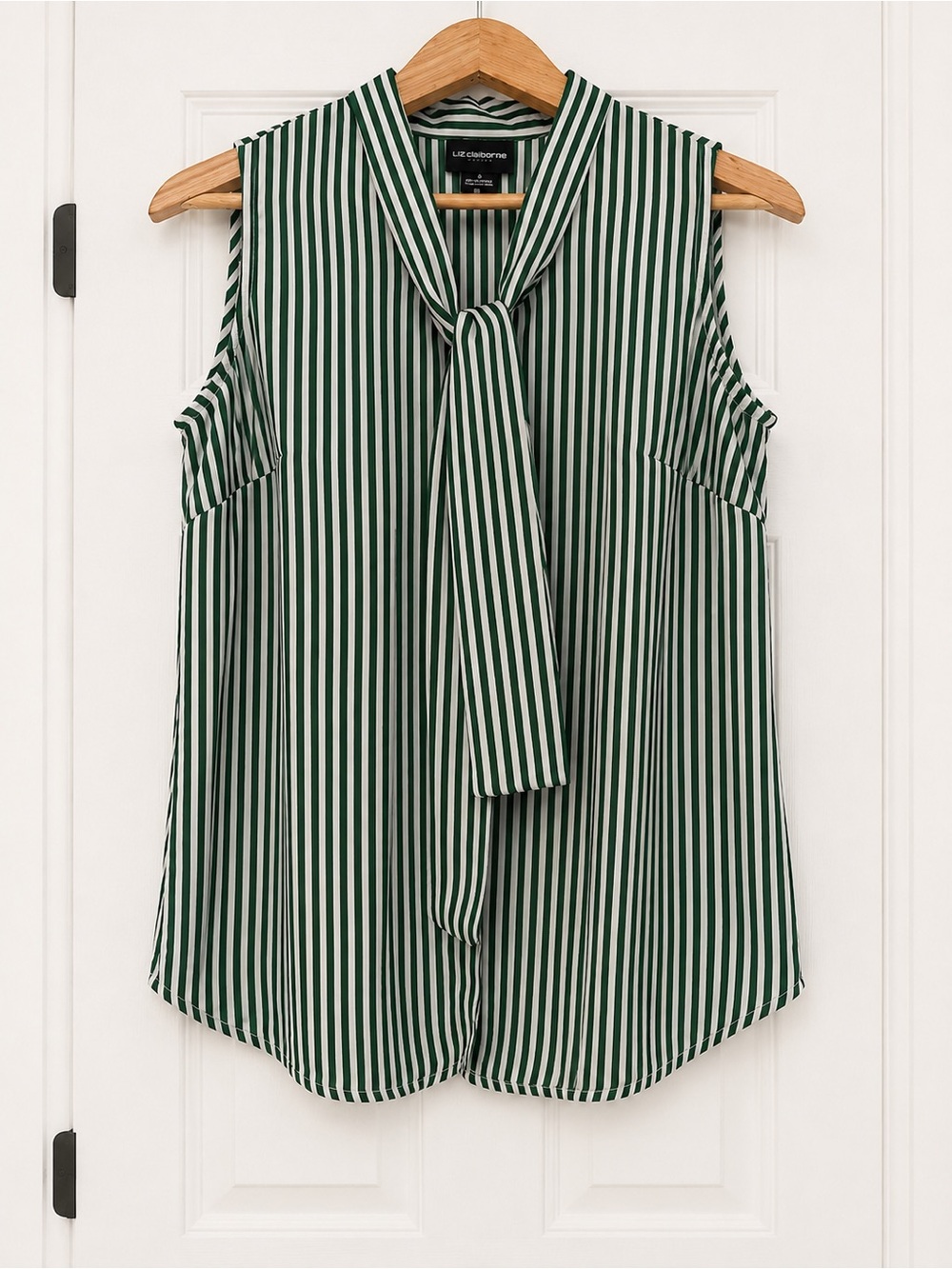 Liz Claiborne Career Blouse Womens Small Green White Stripe Tie Neck Sleeveless